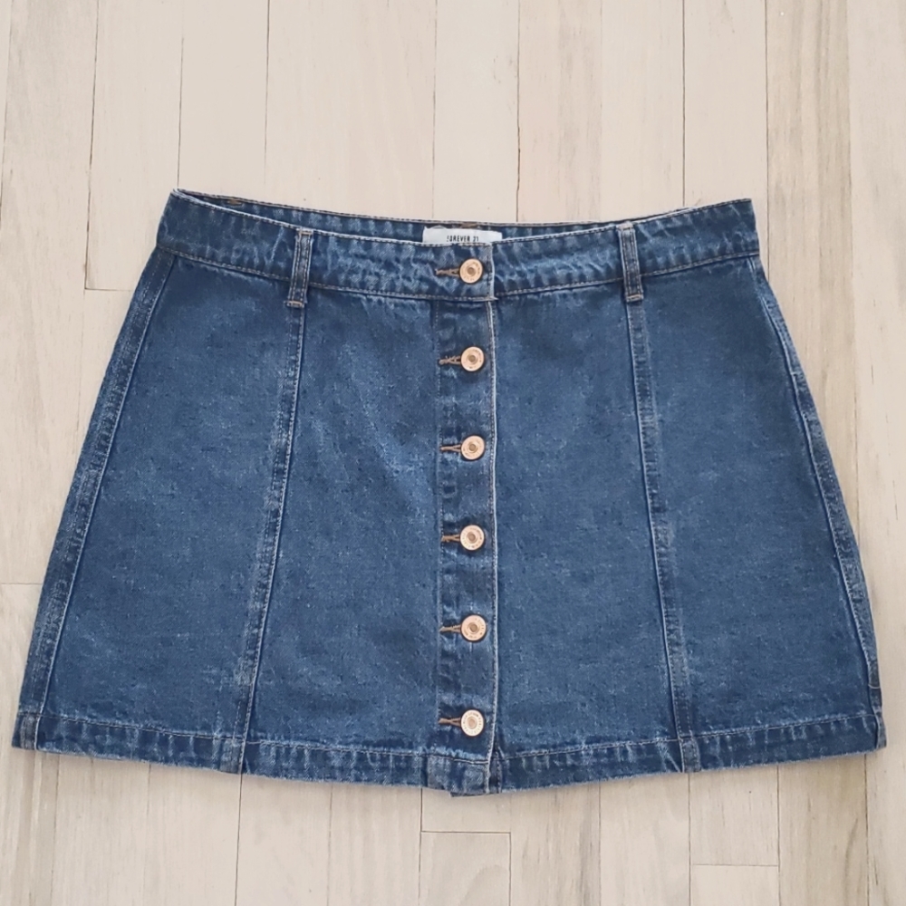 Forever 21 Womens Blue Jean Denim A-Line Button Front Mini Skirt Size 30 Blue